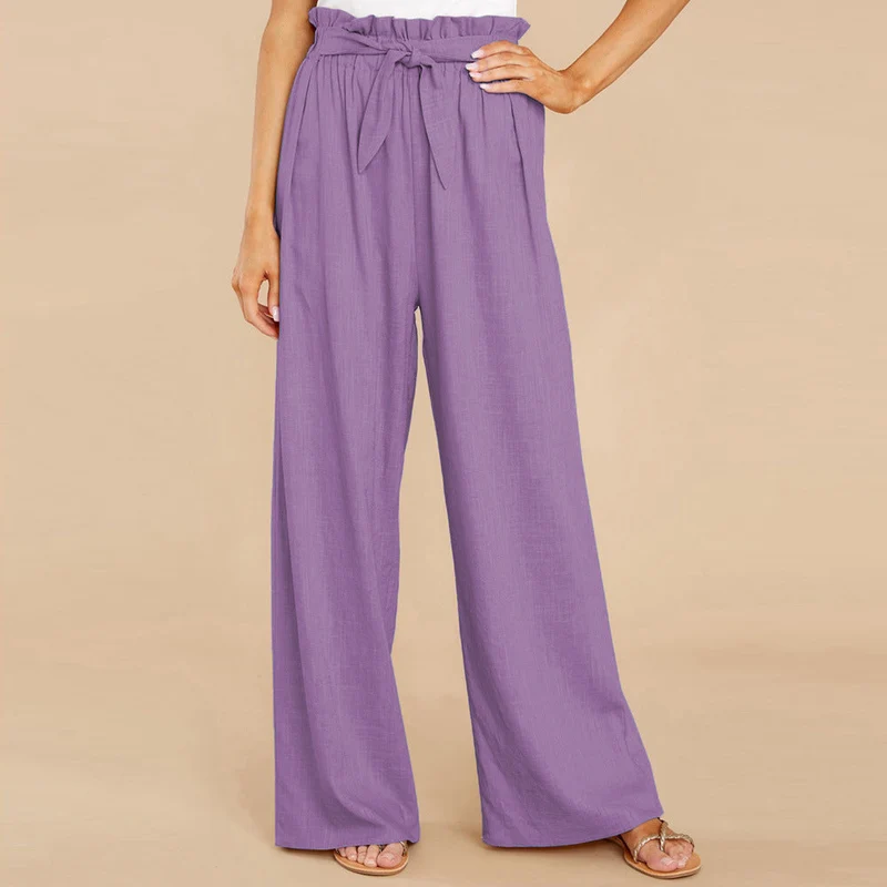 Damen nan Leinenhose mit Paperbag-Bund und weitem Bein Drune