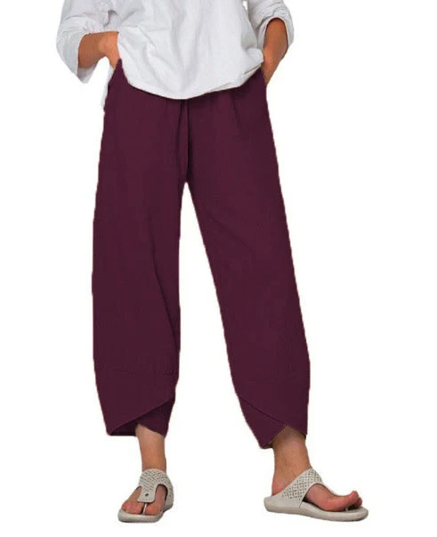 Damen nan lockere Leinenhose mit hohem Bund, Tulpen-Saum und seitlichen Eingrifftaschen Drune