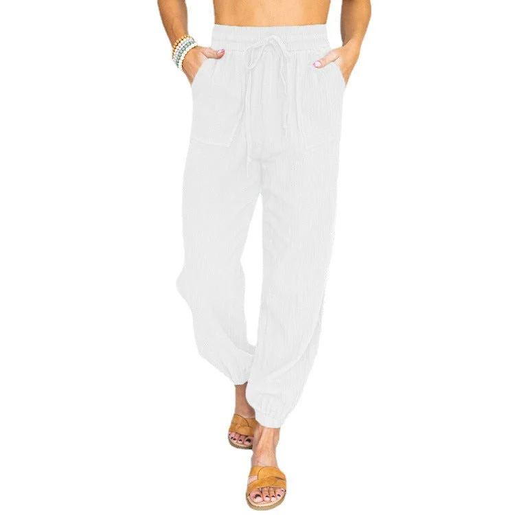 Damen nan leichte Leinenoptik Freizeit-Hose mit hohem elastischem Bund, Kordelzug, aufgesetzten Taschen und elastischen Knöchelbündchen Drune