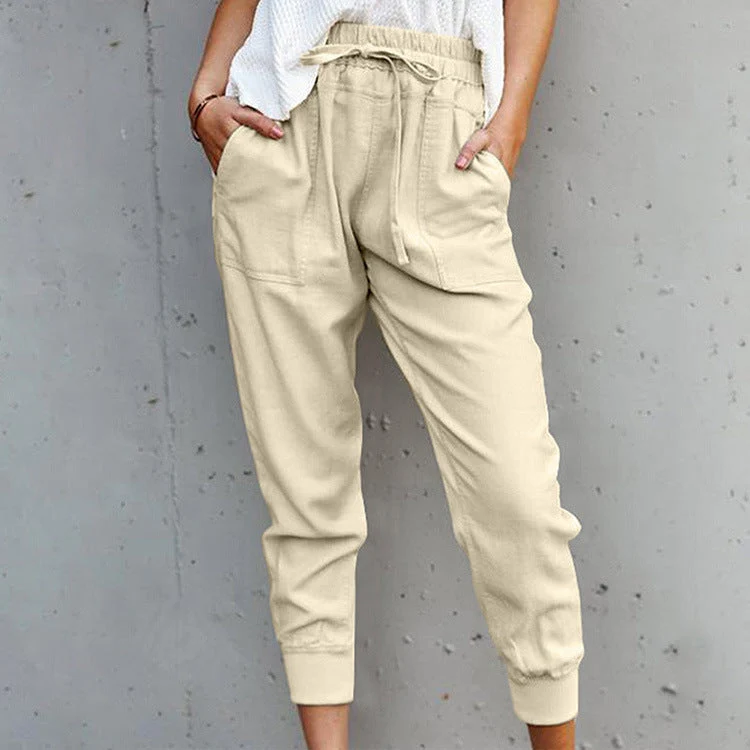 Damen nan lässige tapered Leinenhose mit elastischem Bund und Bündchen Drune