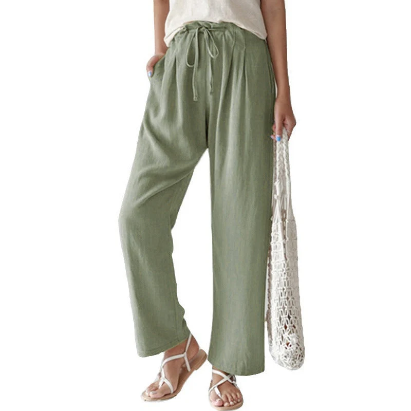 Damen nan lässige Leinenhose mit weitem Bein, elastischem Bund und Seitentaschen Drune