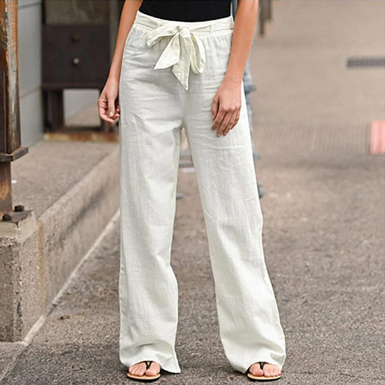 Damen nan lässige Leinenmix Weitebein Hose mit Kordelzug Drune