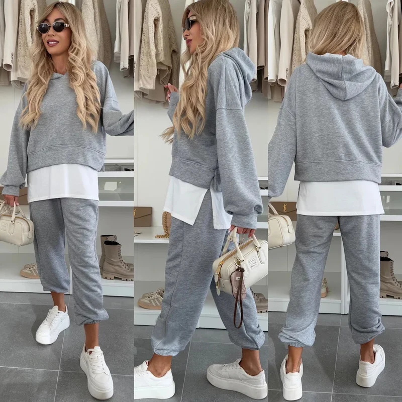 Damen Sportliches und modisches Hoodie-Set mit cropped Schnitt und bequemen Hosen Drune
