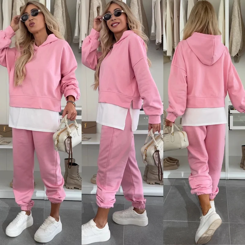 Damen Sportliches und modisches Hoodie-Set mit cropped Schnitt und bequemen Hosen Drune