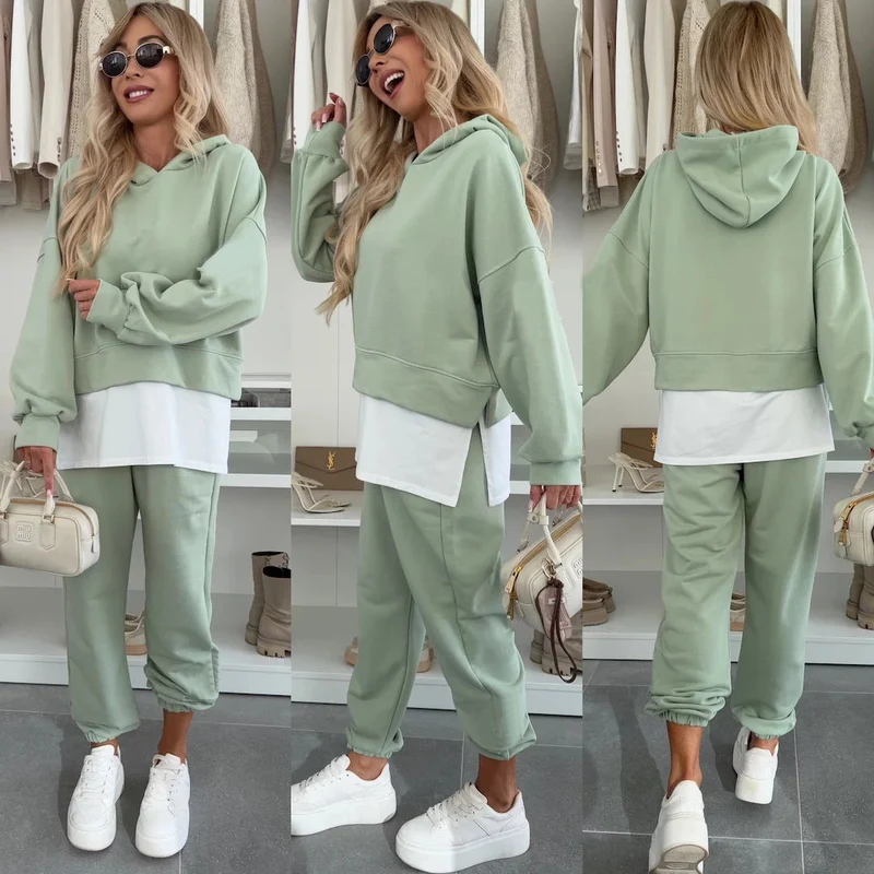 Damen Sportliches und modisches Hoodie-Set mit cropped Schnitt und bequemen Hosen Drune