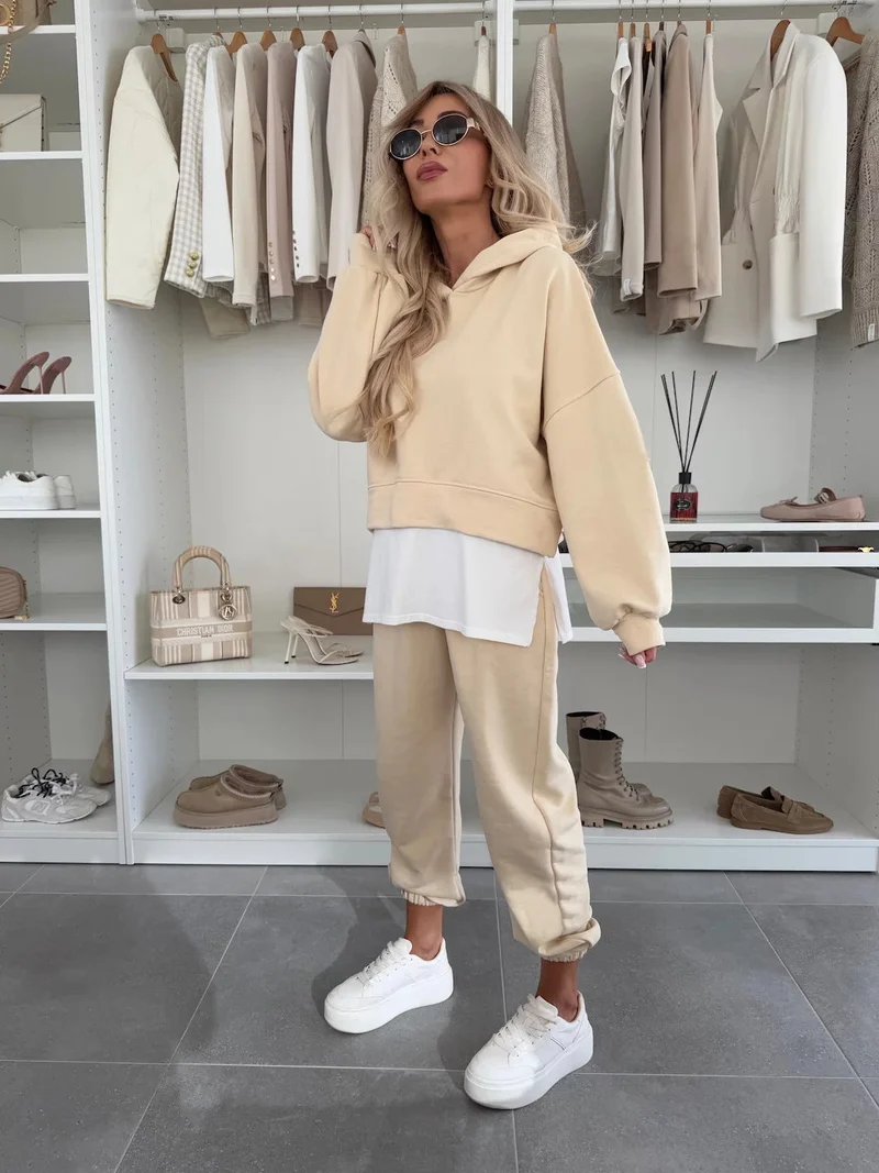 Damen Sportliches und modisches Hoodie-Set mit cropped Schnitt und bequemen Hosen Drune
