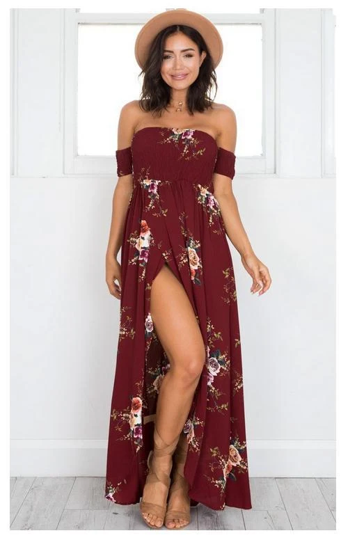 Damen Maxikleid mit schulterfreiem Design und floralen Mustern Drune