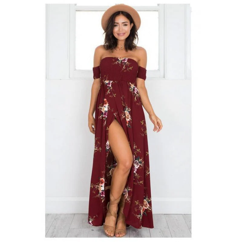 Damen Maxikleid mit schulterfreiem Design und floralen Mustern Drune