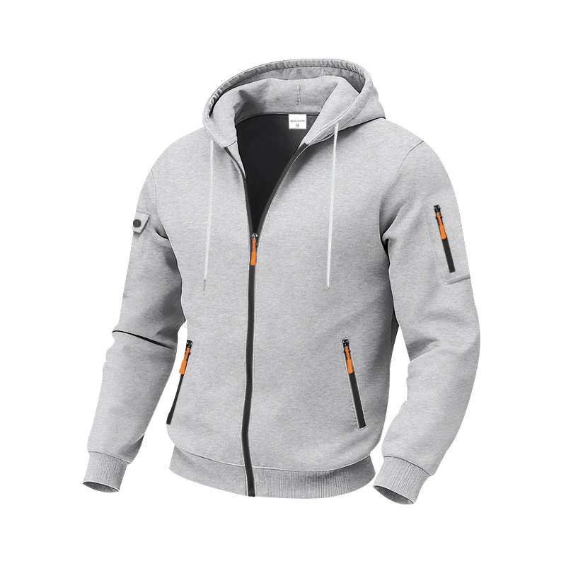 Herren nan technische Zip-Hoodiejacke mit wasserabweisenden Reißverschlusstaschen, Kapuze und verstärkten Ärmelpaspeln Drune