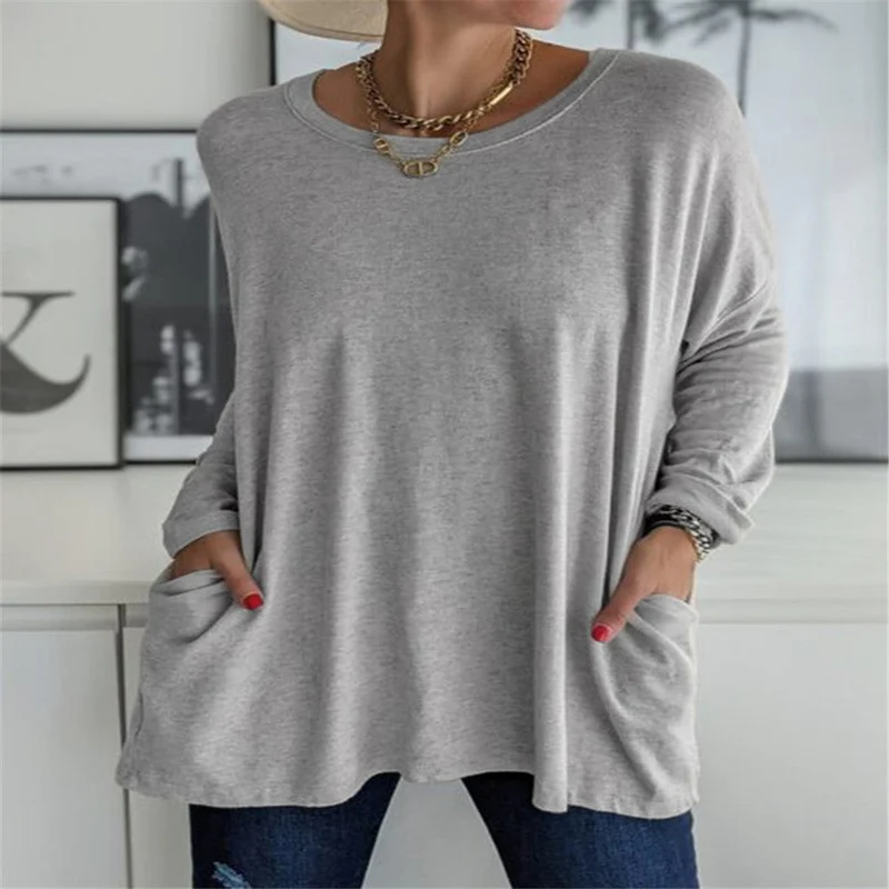 Damen nan oversized Longsleeve-Tunika mit Rundhalsausschnitt, überschnittener Schulter und aufgesetzten Taschen Drune