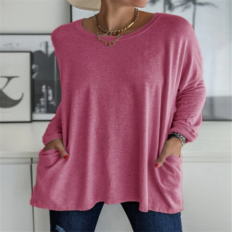 Damen nan oversized Longsleeve-Tunika mit Rundhalsausschnitt, überschnittener Schulter und aufgesetzten Taschen Drune