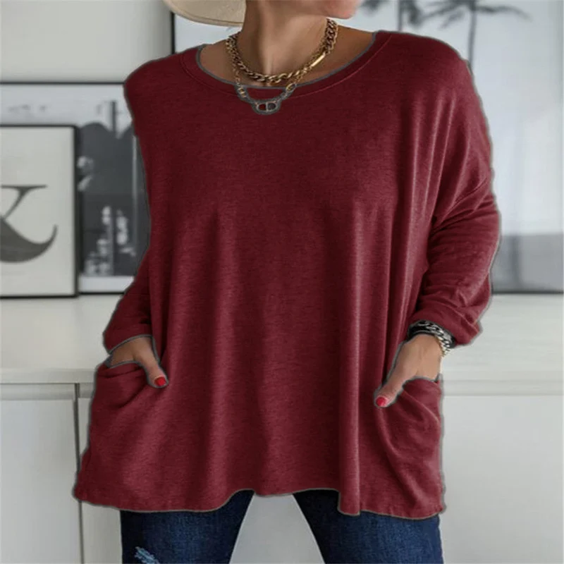 Damen nan oversized Longsleeve-Tunika mit Rundhalsausschnitt, überschnittener Schulter und aufgesetzten Taschen Drune