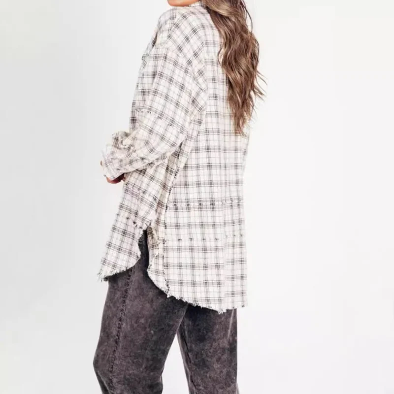 Damen nan oversized Karo-Überhemd mit Fransenbesatz, Brusttaschen und lockerer Passform Drune