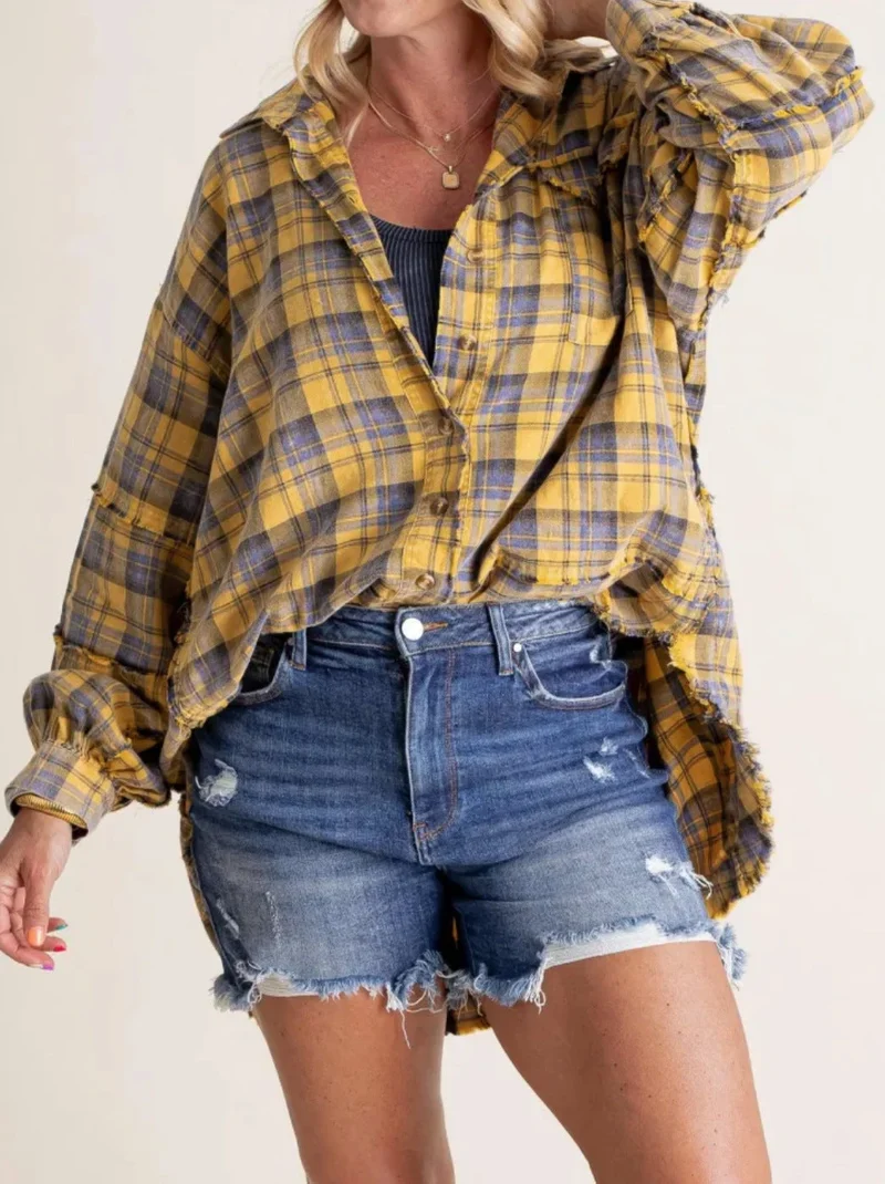 Damen nan oversized Karo-Überhemd mit Fransenbesatz, Brusttaschen und lockerer Passform Drune