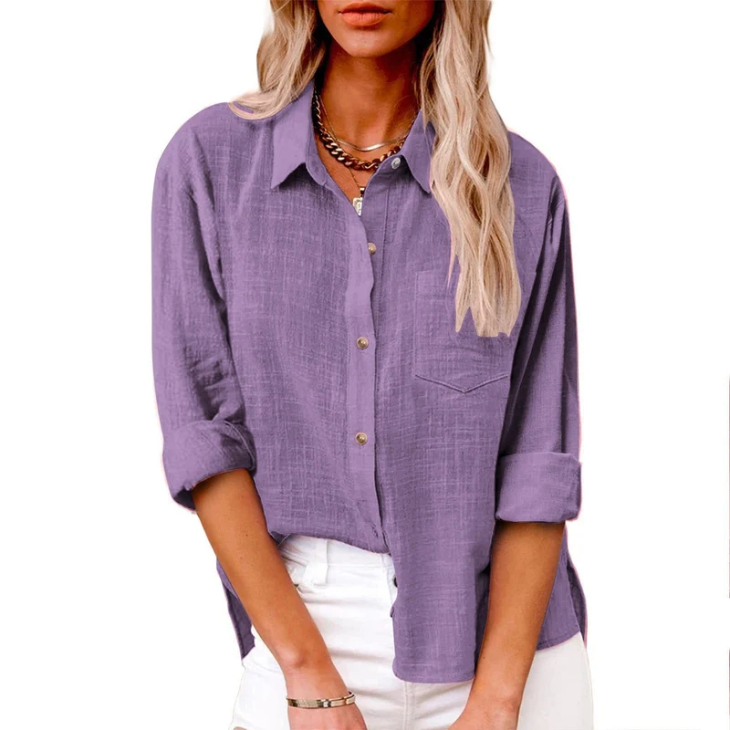 Damen nan oversized Leinen-Baumwollmix Hemdbluse mit Brusttasche und krempelbaren Ärmeln Drune