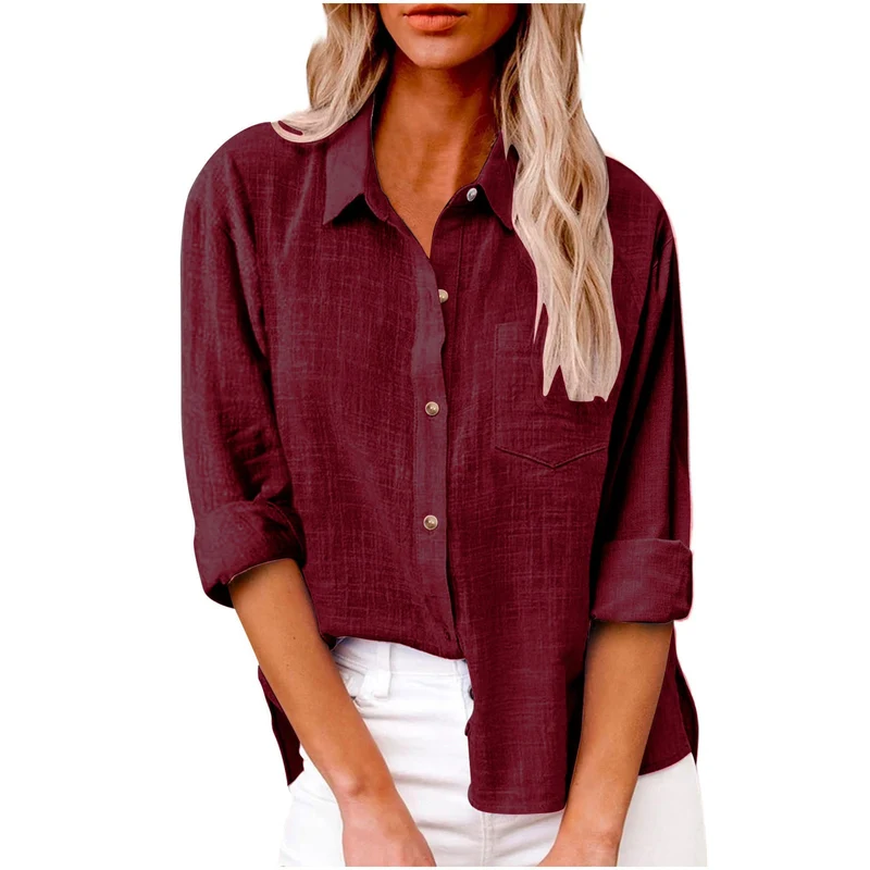 Damen nan oversized Leinen-Baumwollmix Hemdbluse mit Brusttasche und krempelbaren Ärmeln Drune