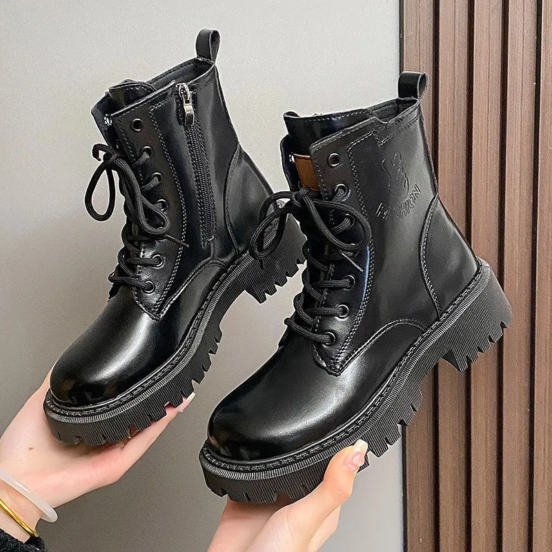 Damen nan knöchelhohe Combat-Boots in Lackoptik mit robuster Profilsohle und seitlichem Reißverschluss Drune