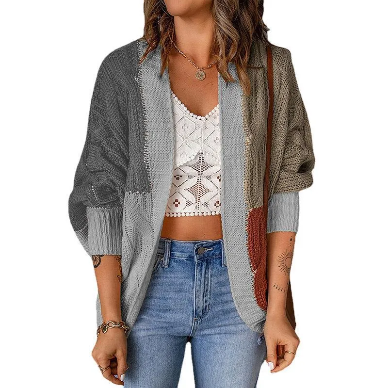 Damen nan lässige Strickjacke im Patchwork-Stil mit offener Front und 3/4-Ärmeln Drune