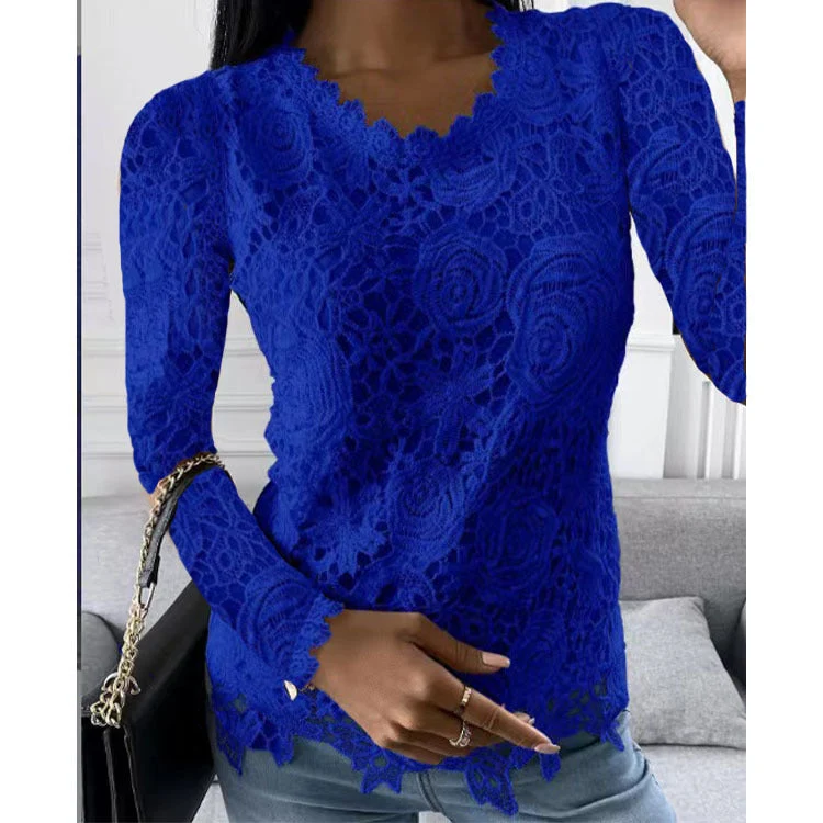 Damen nan figurbetonte Spitzenbluse mit floraler Allover-Spitze, Langarm und gezacktem Saum Drune