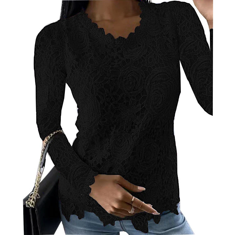 Damen nan figurbetonte Spitzenbluse mit floraler Allover-Spitze, Langarm und gezacktem Saum Drune