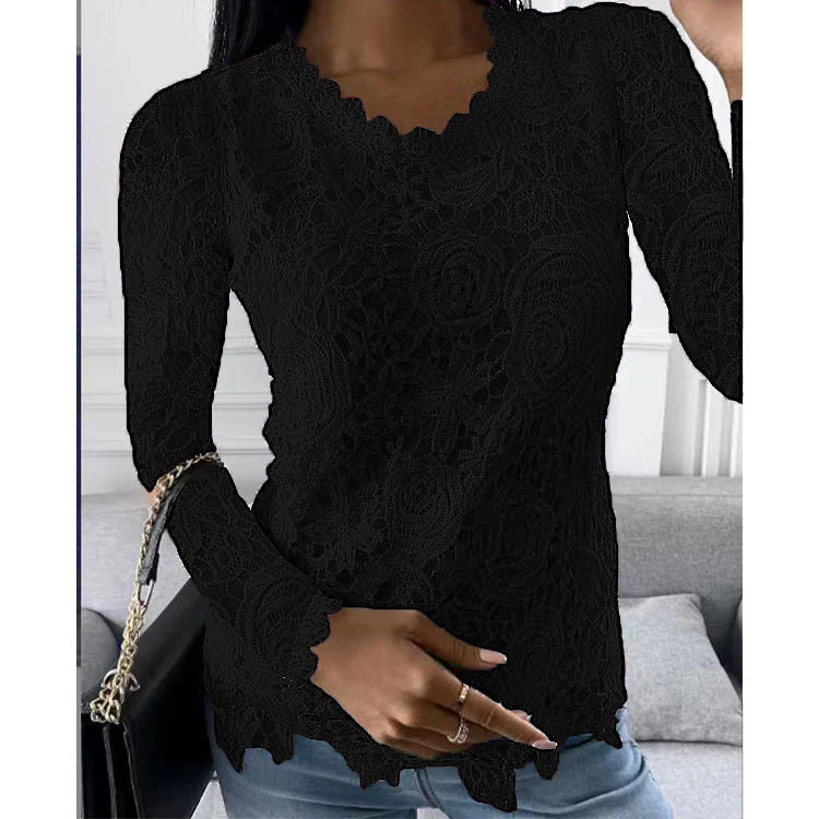 Damen nan figurbetonte Spitzenbluse mit floraler Allover-Spitze, Langarm und gezacktem Saum Drune