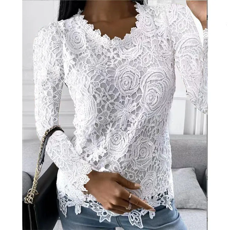 Damen nan figurbetonte Spitzenbluse mit floraler Allover-Spitze, Langarm und gezacktem Saum Drune