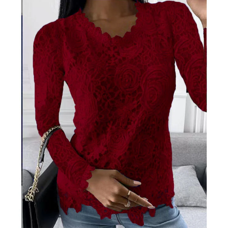 Damen nan figurbetonte Spitzenbluse mit floraler Allover-Spitze, Langarm und gezacktem Saum Drune