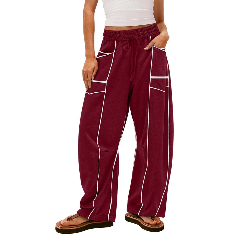 Damen nan weite Lounge-Hose mit Kordelzug, Kontrastpaspelierung und Cargo-Taschen Drune