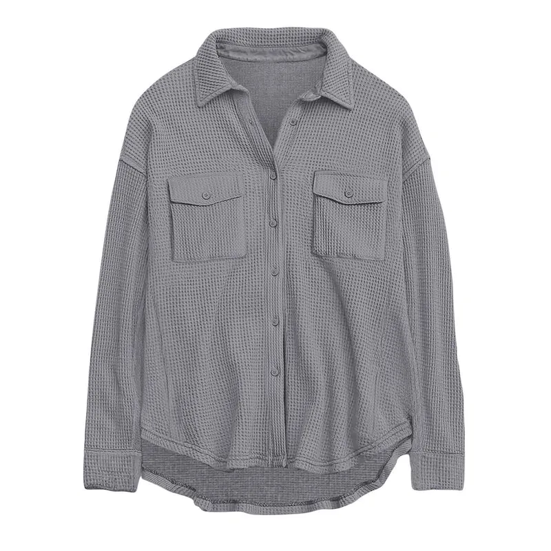 Damen nan oversized Waffelstrick Hemdjacke mit Brusttaschen und Knopfleiste Drune