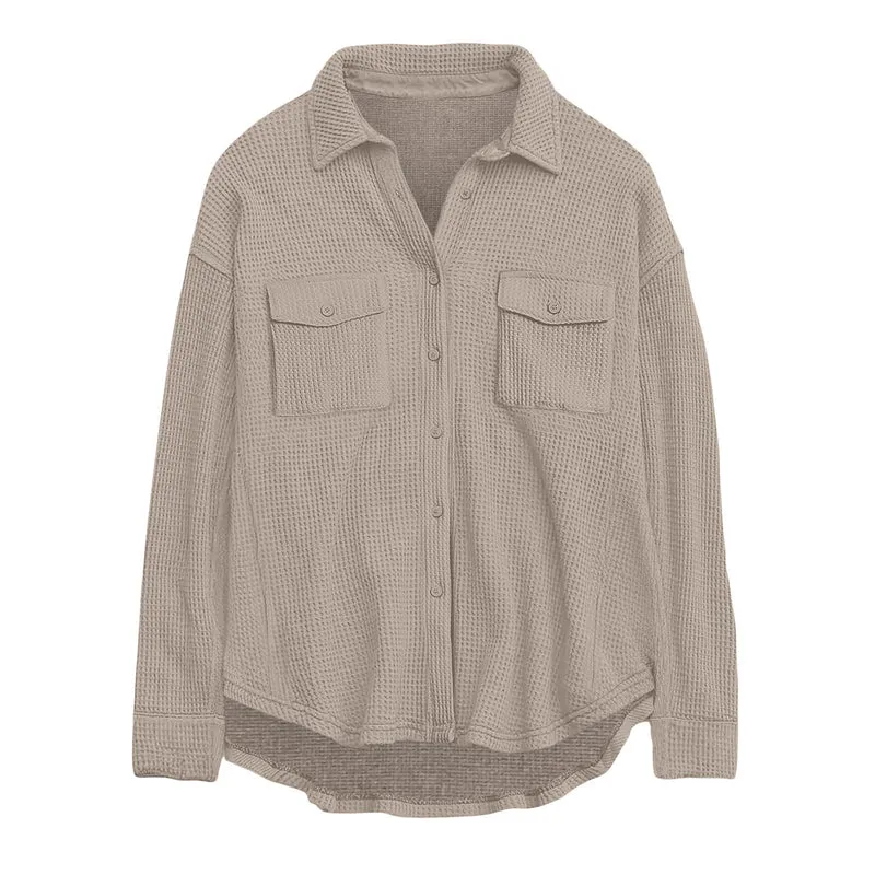 Damen nan oversized Waffelstrick Hemdjacke mit Brusttaschen und Knopfleiste Drune