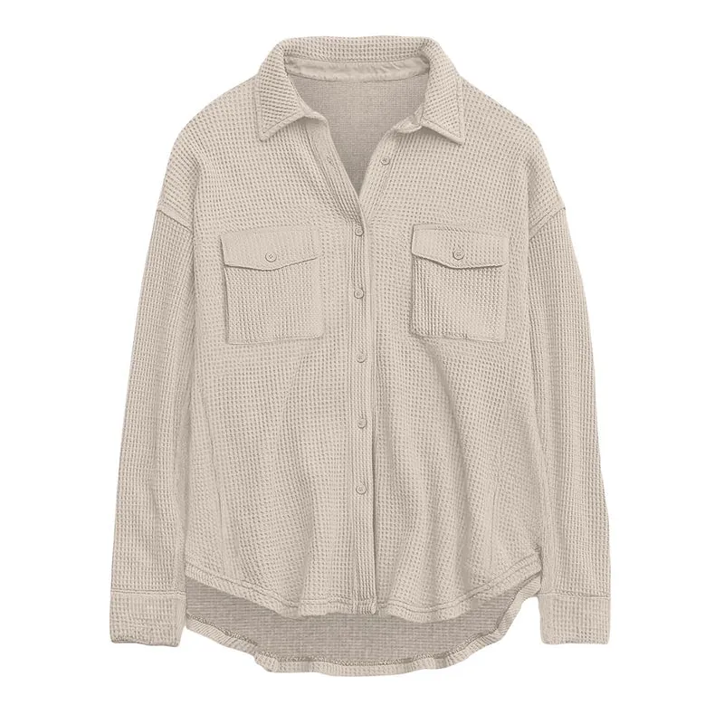 Damen nan oversized Waffelstrick Hemdjacke mit Brusttaschen und Knopfleiste Drune