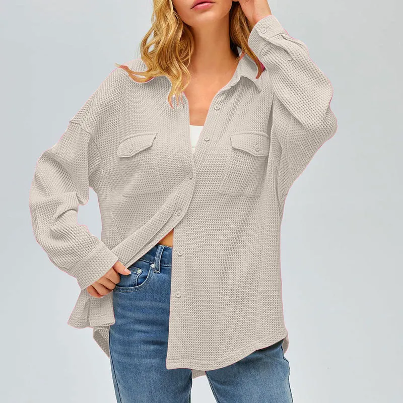 Damen nan oversized Waffelstrick Hemdjacke mit Brusttaschen und Knopfleiste Drune