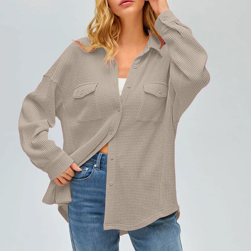 Damen nan oversized Waffelstrick Hemdjacke mit Brusttaschen und Knopfleiste Drune