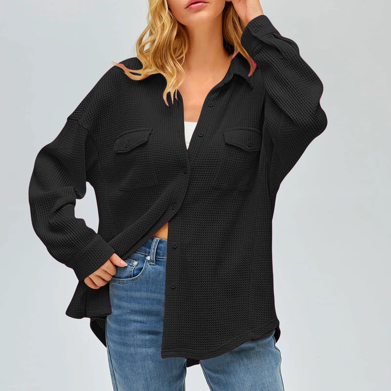 Damen nan oversized Waffelstrick Hemdjacke mit Brusttaschen und Knopfleiste Drune