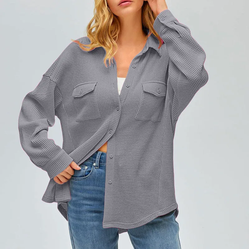 Damen nan oversized Waffelstrick Hemdjacke mit Brusttaschen und Knopfleiste Drune