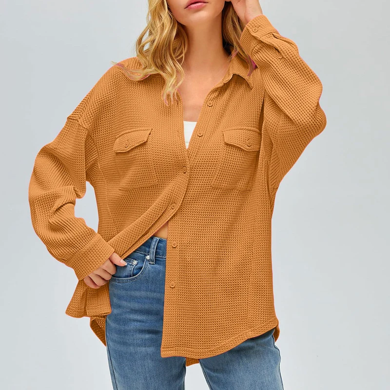 Damen nan oversized Waffelstrick Hemdjacke mit Brusttaschen und Knopfleiste Drune