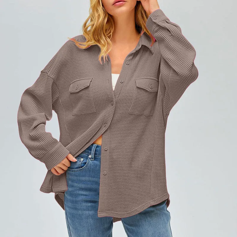 Damen nan oversized Waffelstrick Hemdjacke mit Brusttaschen und Knopfleiste Drune