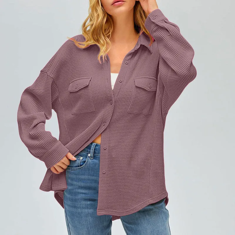 Damen nan oversized Waffelstrick Hemdjacke mit Brusttaschen und Knopfleiste Drune