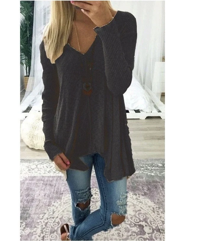 Damen nan lockerfallende Rippstrick Tunika mit V-Ausschnitt und asymmetrischem Saum Drune