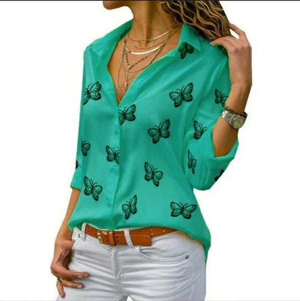 Damen nan lockere Longbluse mit Schmetterlingsprint und Hemdkragen Drune