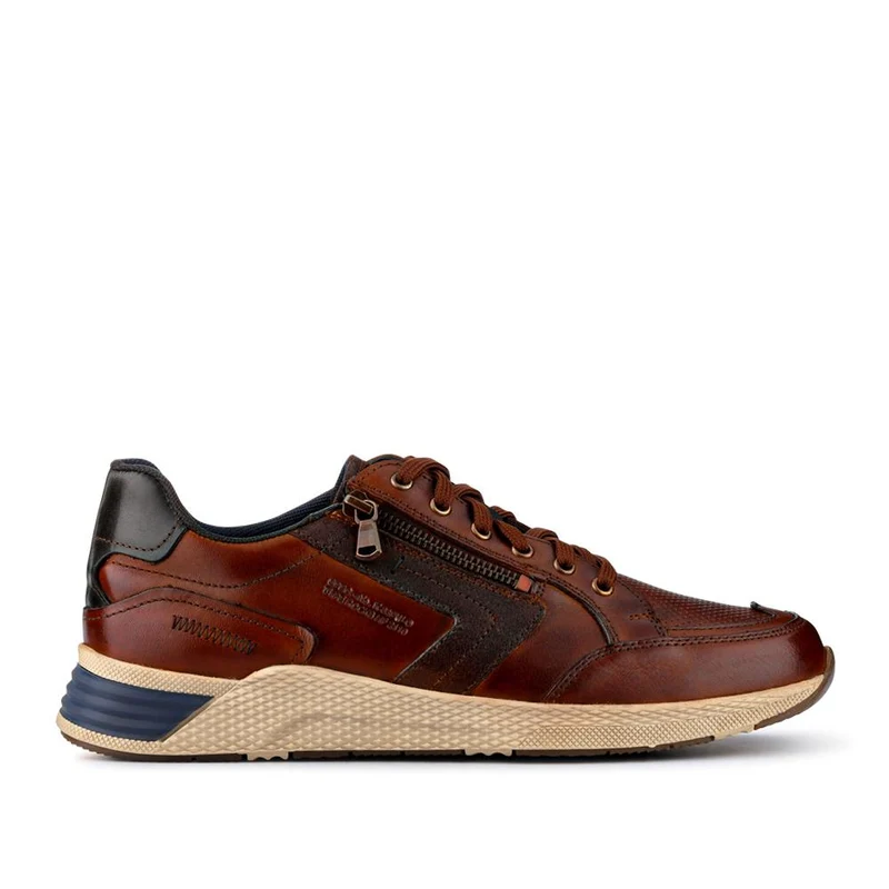 Leather Wide-Fit Lace-Up Trainers - PARK41046 / 327 261 - Cognac