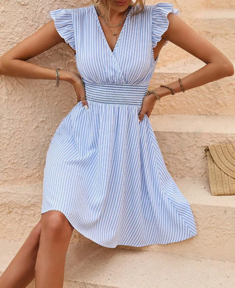 Damen Sommerliches Faltenkleid mit Streifen und Taillenbund Drune