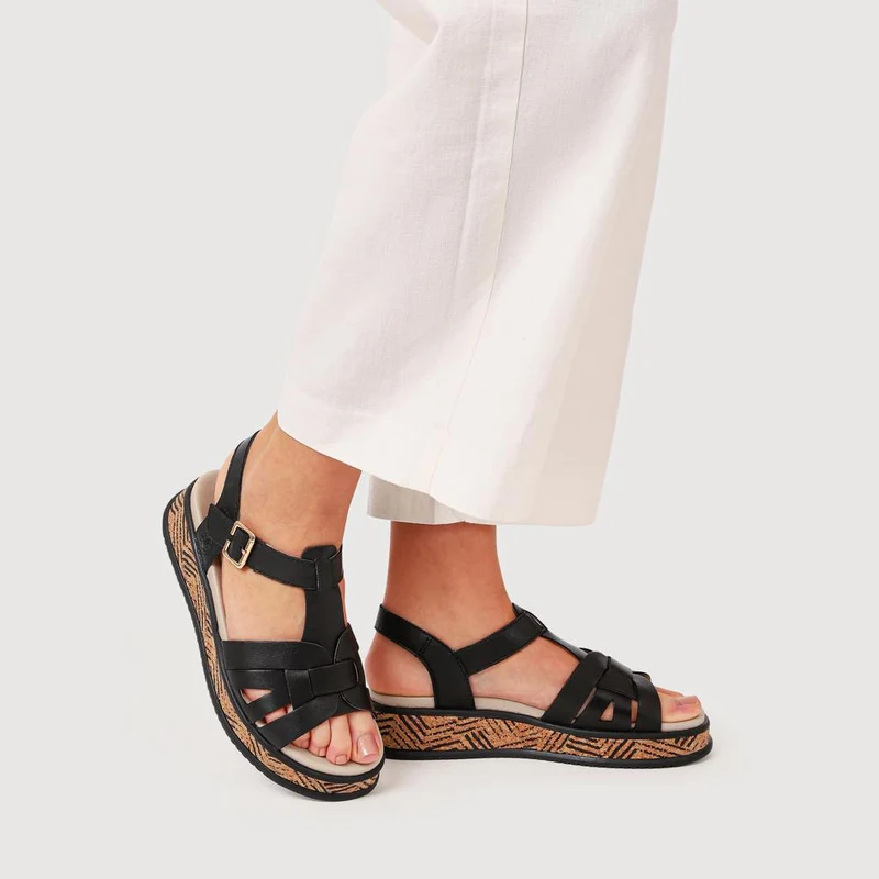 Leather Faux Buckle Touch Fasten Sandals - RKR41540 / 327 289 - Black