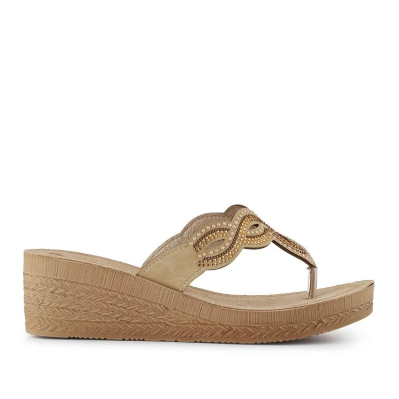 Embellished Wedge Toe Post Sandals - INB41026 / 327 353 - Gold