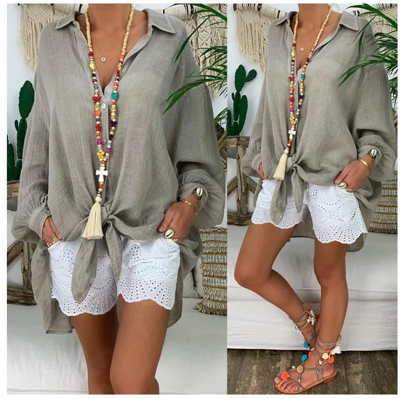 Damen nan leichte Leinen-Tunika mit Knotenfront und Lochspitzen-Shorts Drune