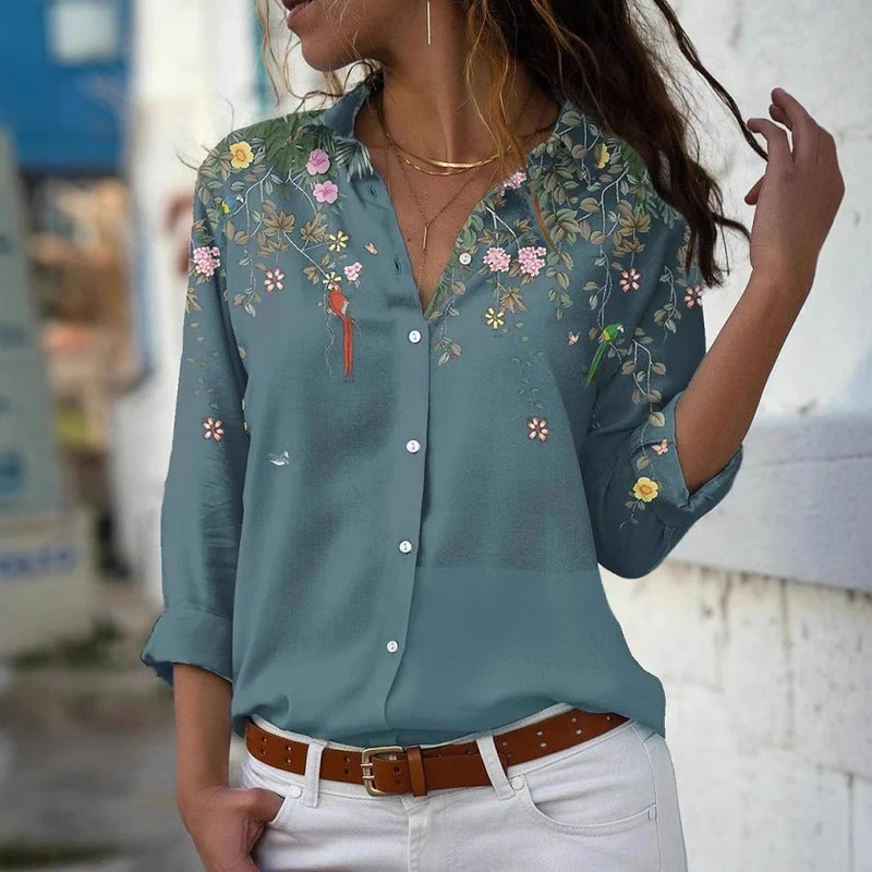 Damen nan leichte Chiffonbluse mit floralem Vogelprint, Knopfleiste und lässigem Schnitt Drune