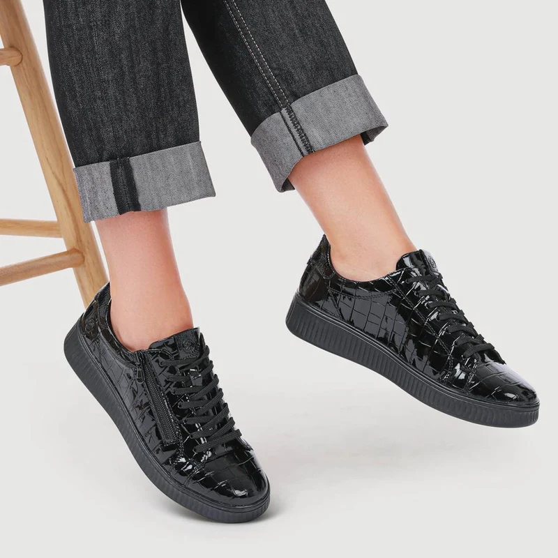 Remonte Patent Leather Zip & Lace Trainers - DRS42501 / 327 734 - Black Croc