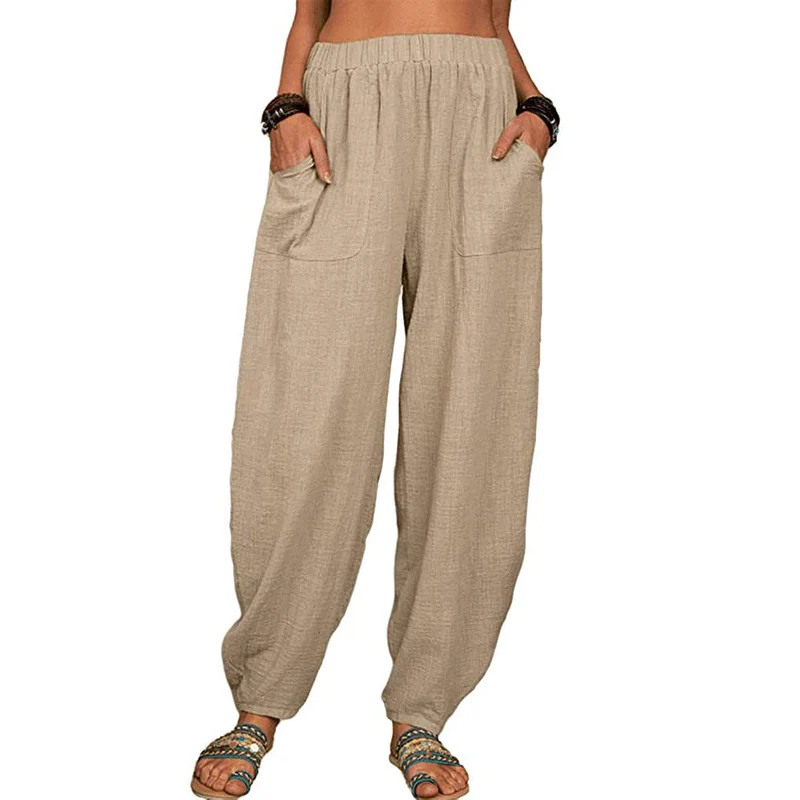 Damen nan lockere Leinenhose mit weitem Bein elastischem Bund und großen aufgesetzten Taschen Drune