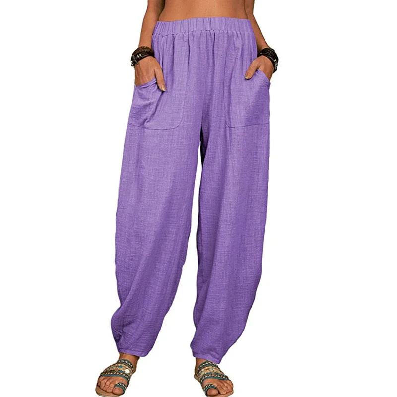 Damen nan lockere Leinenhose mit weitem Bein elastischem Bund und großen aufgesetzten Taschen Drune