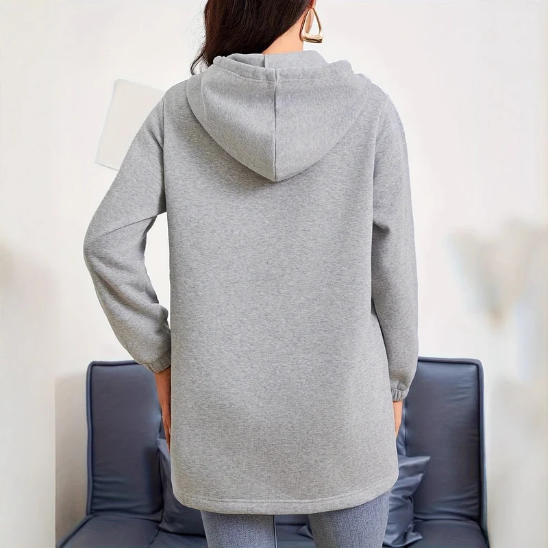 Damen nan Longline-Kapuzenjacke mit durchgehendem Reißverschluss, Kängurutaschen und elastischen Bündchen Drune
